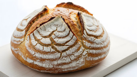 A round artisan sourdough loaf with a golden brown crust and white flour dusting sits on a white...