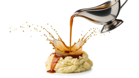 Brown gravy splashes dynamically onto creamy mashed potatoes against a stark white background.