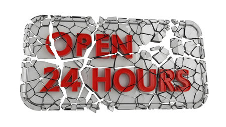 Hours showing shattered open 24 hours sign with red lettering breaking into pieces on white...