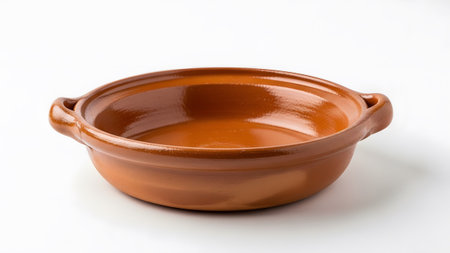 Stock showing terracotta earthenware dish with two handles on a white background with subtle...の写真素材