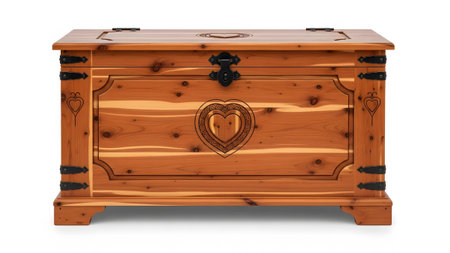Stock showing traditional cedar chest with heart carving and black hardware on white background....