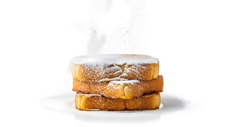 Stock showing stack of three golden brown french toast slices dusted with white powdered sugar...