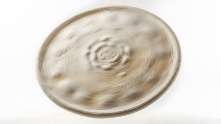 A top-down view of a spinning abstract circular with swirling brown and beige textured patterns.