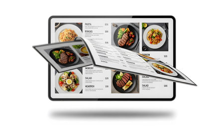 Floating showing tablet displaying a restaurant menu with floating pages of food and prices....