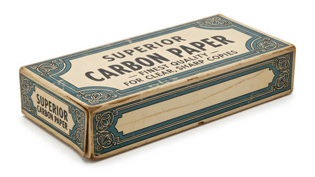 Paper showing carbon paper box with vintage and ornate teal borders on a white...