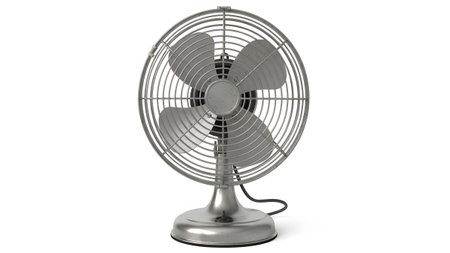 A vintage silver metal desk fan with three blades and a round base stands on a white background,...