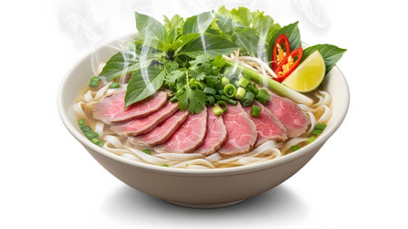 Garnishes showing vietnamese beef pho noodle soup with steaming broth.