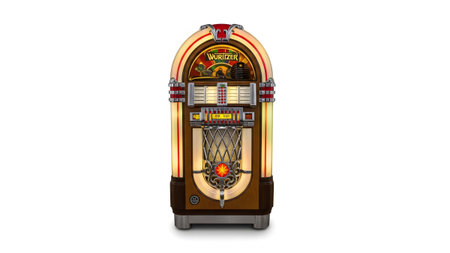 A vintage Wurlitzer jukebox stands illuminated with warm orange and yellow lights, featuring...
