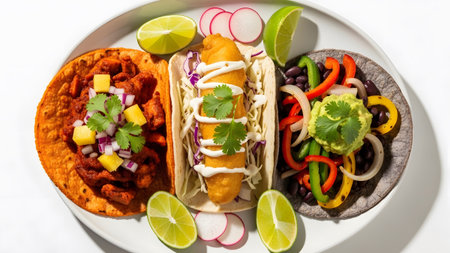 Lunch showing three delicious tacos including fish taco and vegetable taco with lime wedges on...