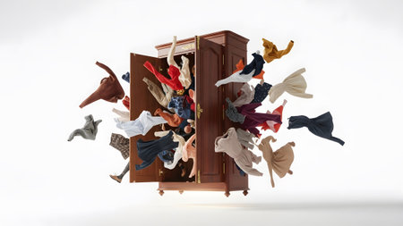 A wooden wardrobe spills open with colorful clothes flying out in a dynamic composition on white.