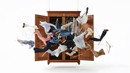 A wooden wardrobe with open doors, spilling out a dynamic array of colorful clothes and hangers...