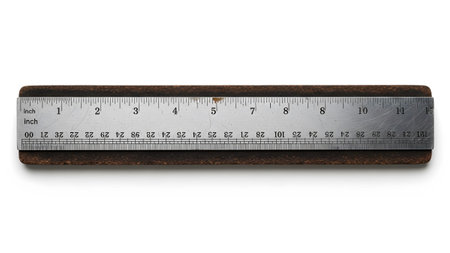 A twelve-inch metal ruler with a cork backing inch and centimeter markings on a white surface.