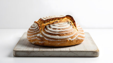 Crust showing round sourdough bread with golden crust and white flour on distressed wooden...