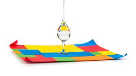 Reflecting showing a clear liquid drop reflecting colorful squares lands on a colorful mat with...