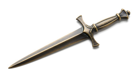 Letter showing antique bronze dagger letter opener with ornate handle on white background.