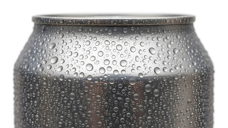 Container showing close-up of a cold aluminum beverage can covered in condensation water...