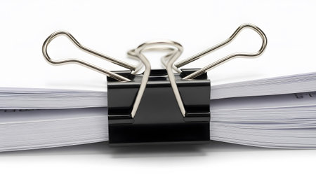showing black binder clip clamping a neat stack of white paper sheets from the front on...