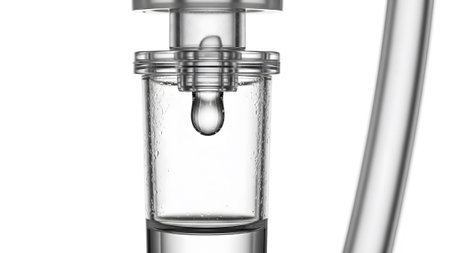 Drip showing clear medical iv drip chamber with a single drop of clear liquid suspended above a...