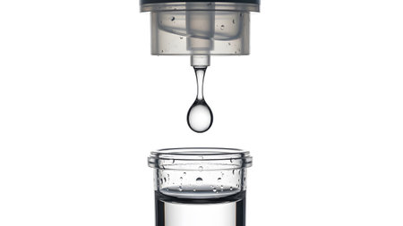 Clear liquid droplet falling from clear dispenser into clear container with water...