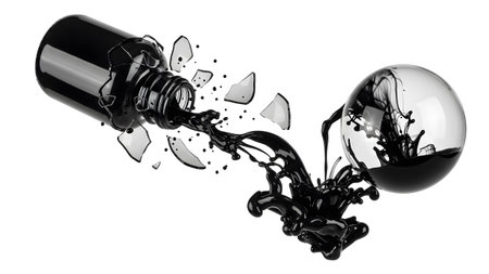 Into showing black ink spilling from a shattered glass bottle into a glass sphere on white.