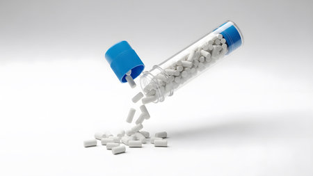 Pills showing clear plastic tube with a blue cap and white cylindrical pills spilling out.