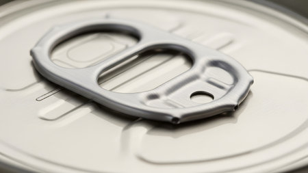 Surface showing close up view of a silver aluminum beverage can tab with a textured surface and...
