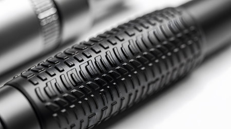 showing close up of a black textured grip with a tire tread pattern on a white background....