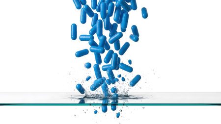 Blue capsule pills falling and splashing into clear water creating ripples on a white background.