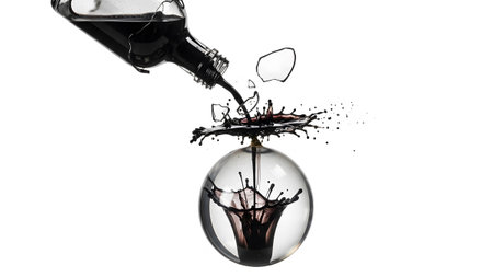 Black liquid splashes dynamically from a broken glass bottle into a clear glass sphere below.