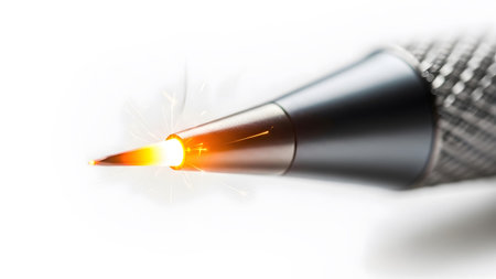 showing close up of a tattoo machine needle tip glowing with orange sparks and light.