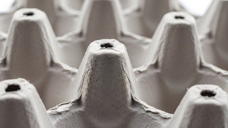 Carton showing gray textured egg carton with multiple cells in close-up view on white.