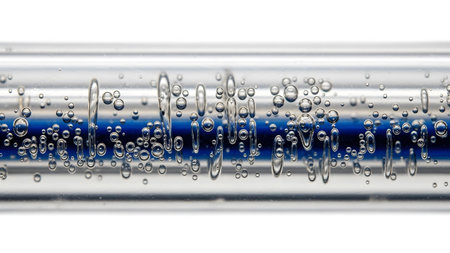showing clear glass tube filled with water and blue liquid with many small air bubbles....