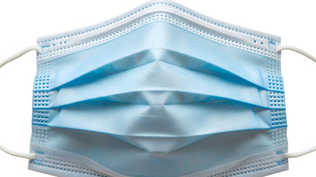 showing front view of a blue disposable medical face mask with pleats and ear loops.