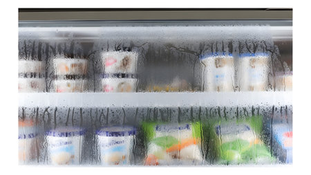 Showing frozen food containers and ice cream tubs seen through a glass refrigerator door...の写真素材