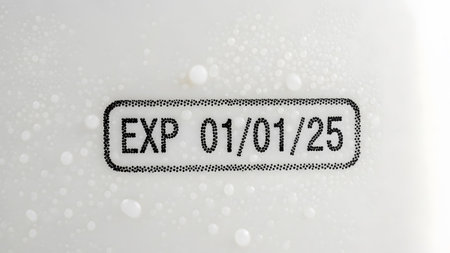 (5282) showing expiration date stamp exp 01/01/25 on white surface with water droplets.