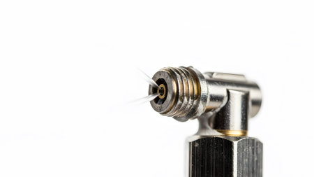 showing close-up of a metal pneumatic fitting with a small air leak. resolution