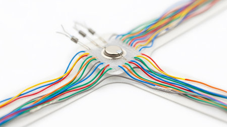 showing cross-shaped medical sensor with many colorful wires and connectors on white.