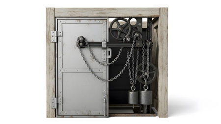 Sliding showing industrial sliding door with gears and chains on white background.の写真素材