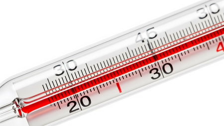 Celsius showing detailed view of a glass thermometer with red liquid indicating a temperature...