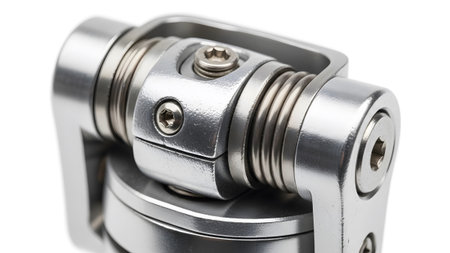 showing detailed macro shot of a silver metal mechanical hinge with screws and springs on...