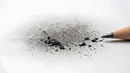 showing close up of graphite dust and a sharpened pencil tip on a textured white surface....