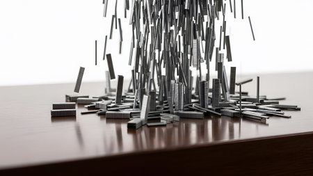showing falling staple refills pile up on a dark wooden desk surface with a white...
