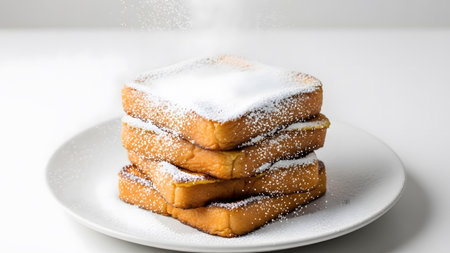 A stack of four golden brown French toast slices is generously dusted with fine white powdered...