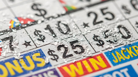 showing close-up of a scratched lottery ticket with dollar amounts and words visible.