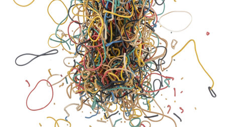 An overhead perspective of a large, tangled mass of colorful rubber bands in motion against a...