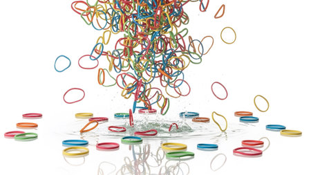 A vibrant and chaotic scene of numerous colorful rubber bands falling into rippling water,...