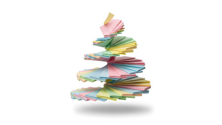 A whimsical spiral sculpture made of pastel colored sticky notes on a white background....