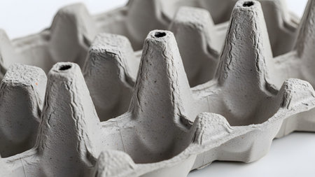 Cardboard showing close-up of gray cardboard egg carton cells with textured surface on white....