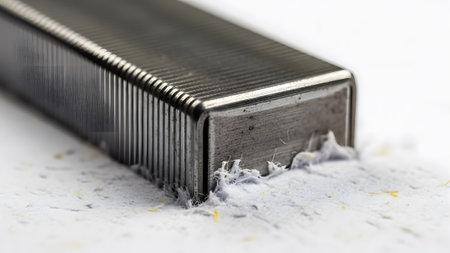 Category showing macro view of a metal stapler refill with paper dust and debris on a white...