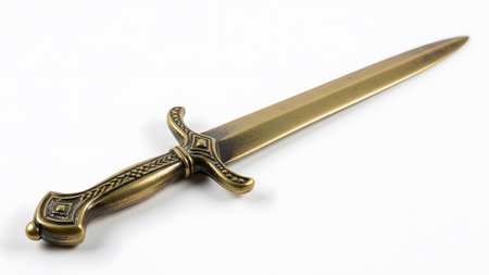 Letter showing ornate bronze dagger letter opener with detailed handle on white background.